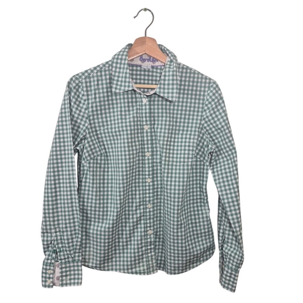 Boden Shirt Womens 8R Green White Gingham Cotton Button Down